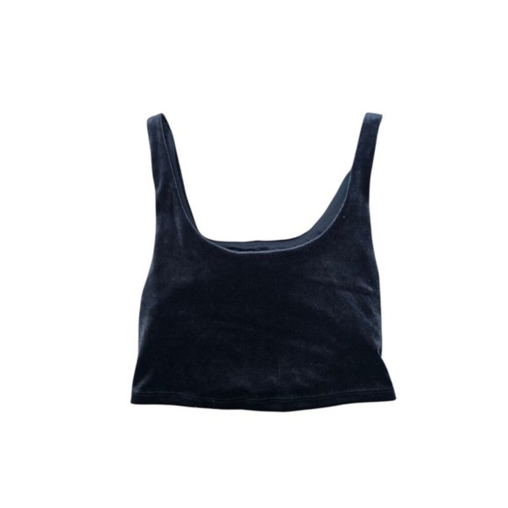 Athleta Black Velvet Cut Out Sports Bra Crop Top L Scoop Neck Yoga Running Shirt